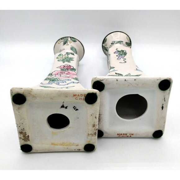 Taper Candle Holders Chinoiserie Hand Painted Vintage Floral Pastel Pair 8.3 In - Picture 10 of 13